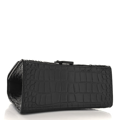 Balenciaga Shiny Calfskin Monochrome Crocodile Embossed Small Hourglass Top Handle Bag Black 4 of 10