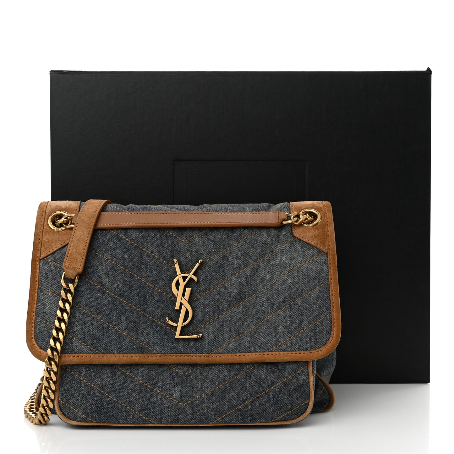 Denim Suede Monogram Medium Niki Chain Satchel Blue Cinnamon