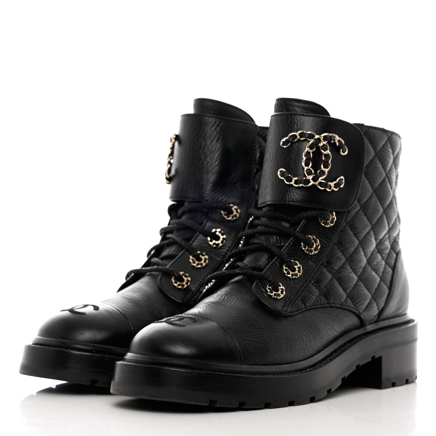Chanel Shiny Calfskin Quilted Lace Up Combat Boots 38 Black 3 of 11