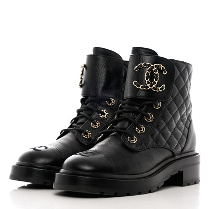 Chanel Shiny Calfskin Quilted Lace Up Combat Boots 38 Black 3 of 11