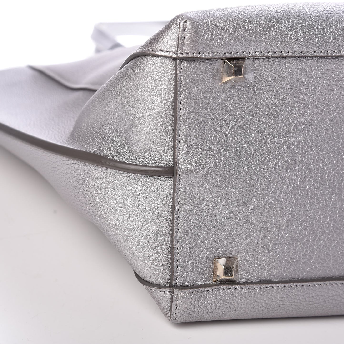 Metallic Grained Calfskin Medium Top Zip Tote Spike Silver
