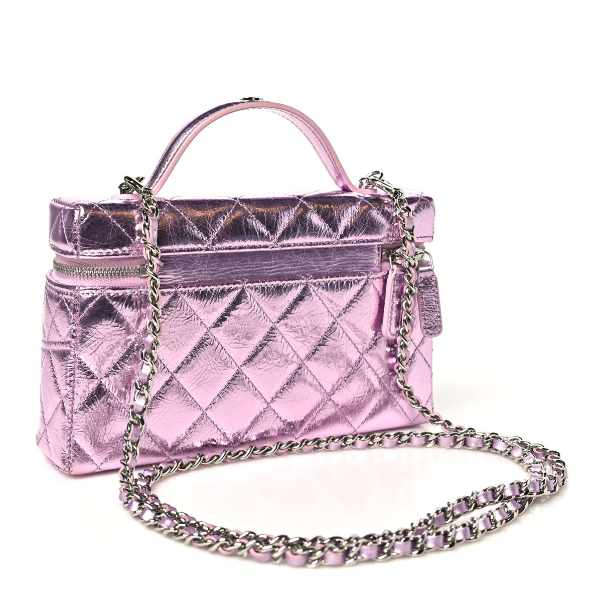 Metallic Calfskin Quilted Slim Vanity With Chain Pink