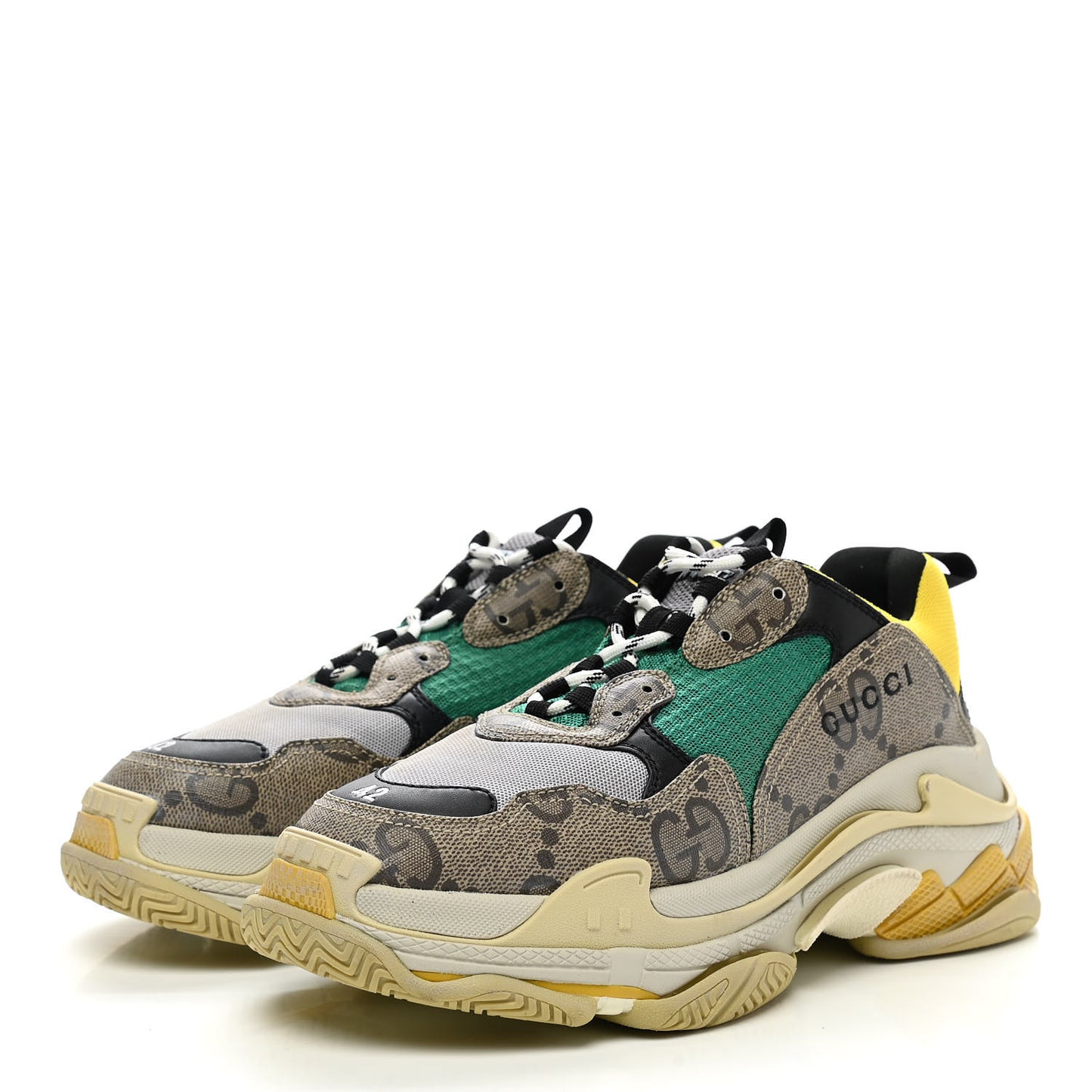 X GUCCI Maxi GG Supreme Monogram Mens Triple S Sneakers 42 Beige Ebony Black Green
