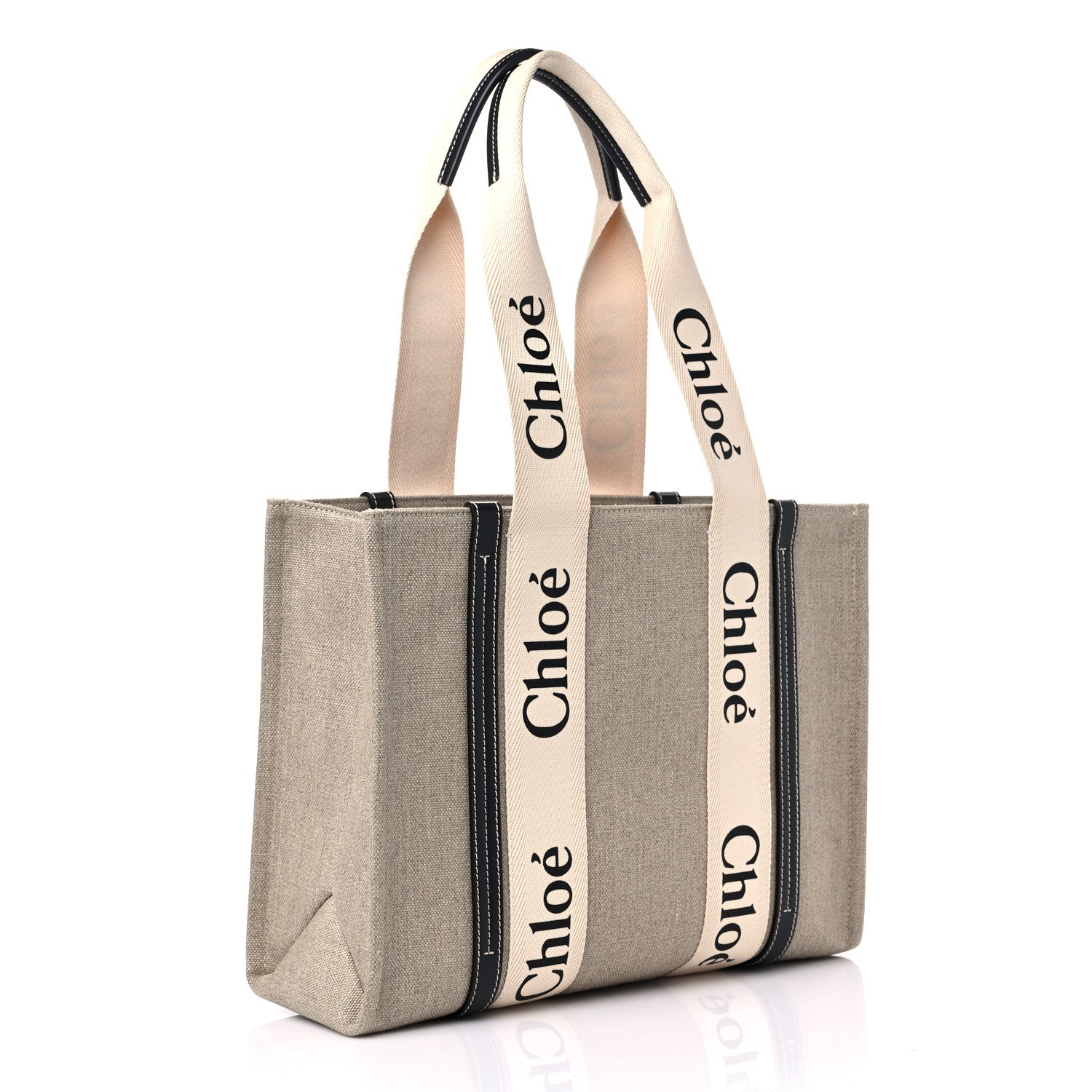 Chloe Cotton Calfskin Medium Woody Ribbon Tote White Black 3 of 9