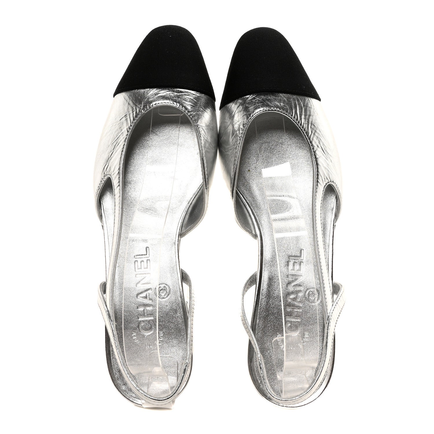 Chanel Metallic Lambskin Grosgrain Cap Toe CC Slingback Flats 36
