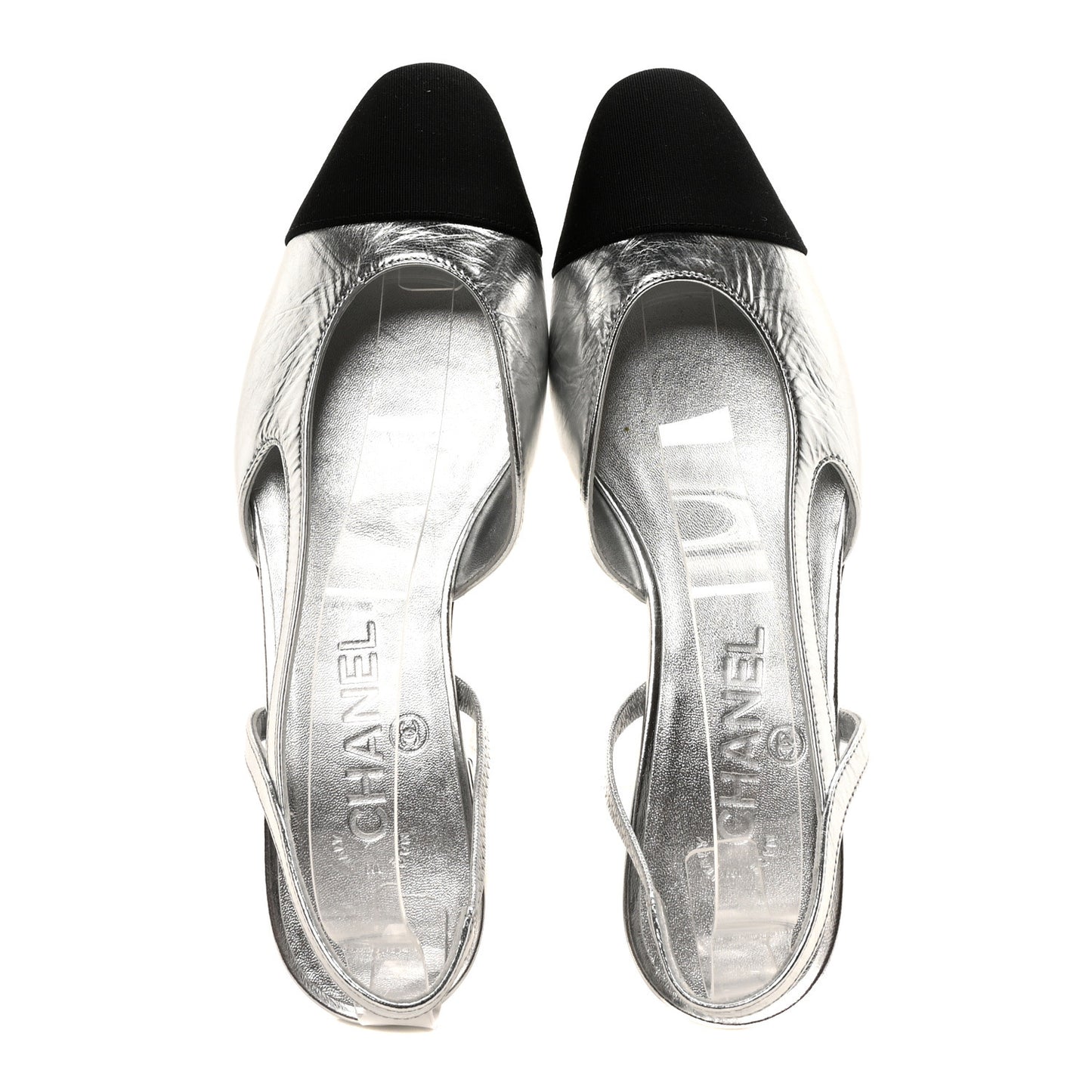 Metallic Lambskin Grosgrain Cap Toe CC Slingback Flats 36 Black Silver