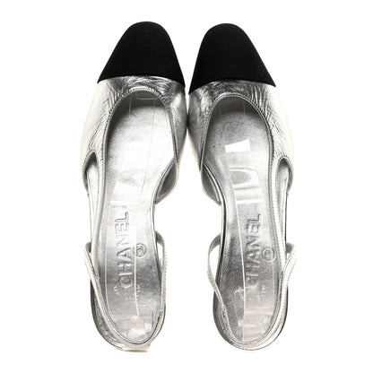 Chanel Metallic Lambskin Grosgrain Cap Toe CC Slingback Flats 36 Black Silver 2 of 8