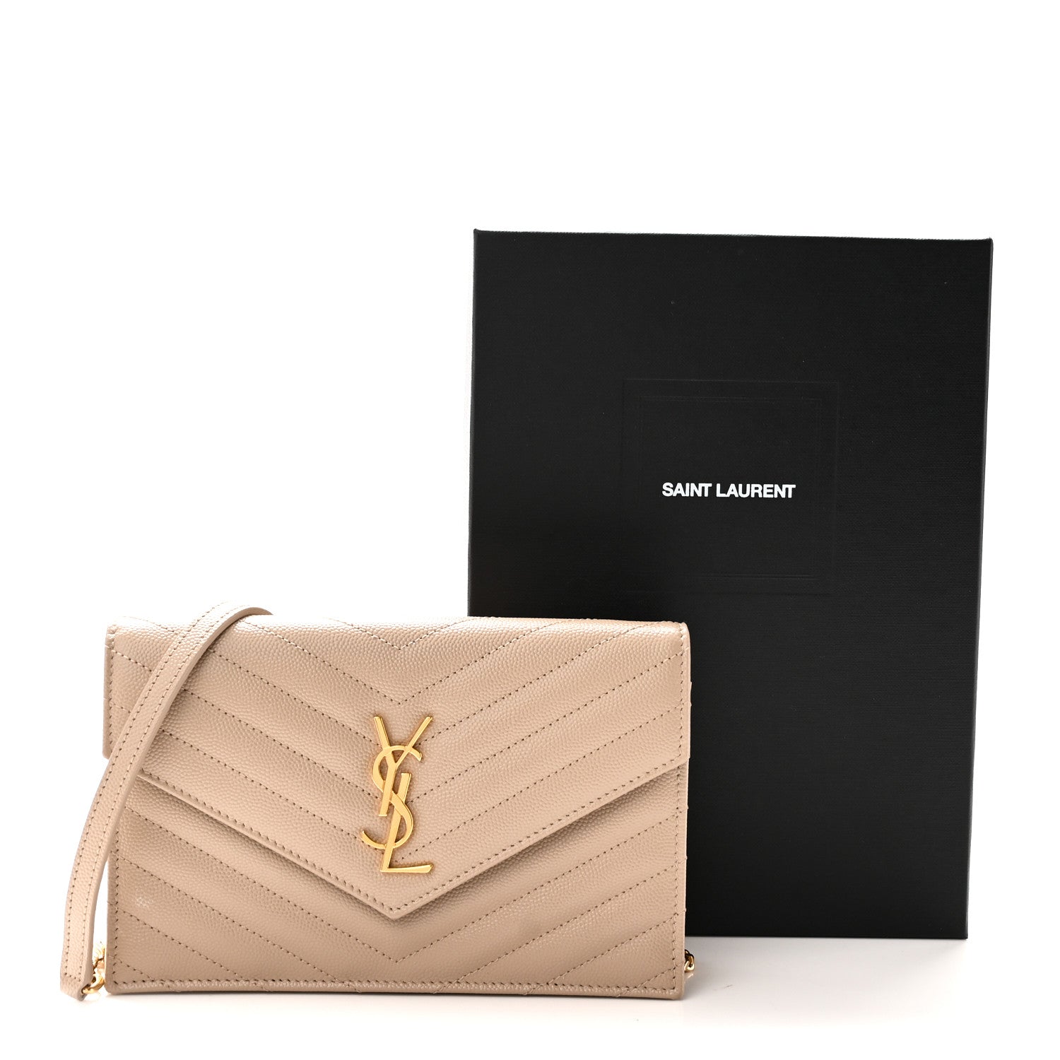 Saint Laurent Grain De Poudre Matelasse Chevron Monogram Envelope Chain Wallet Dark Beige 10 of 10