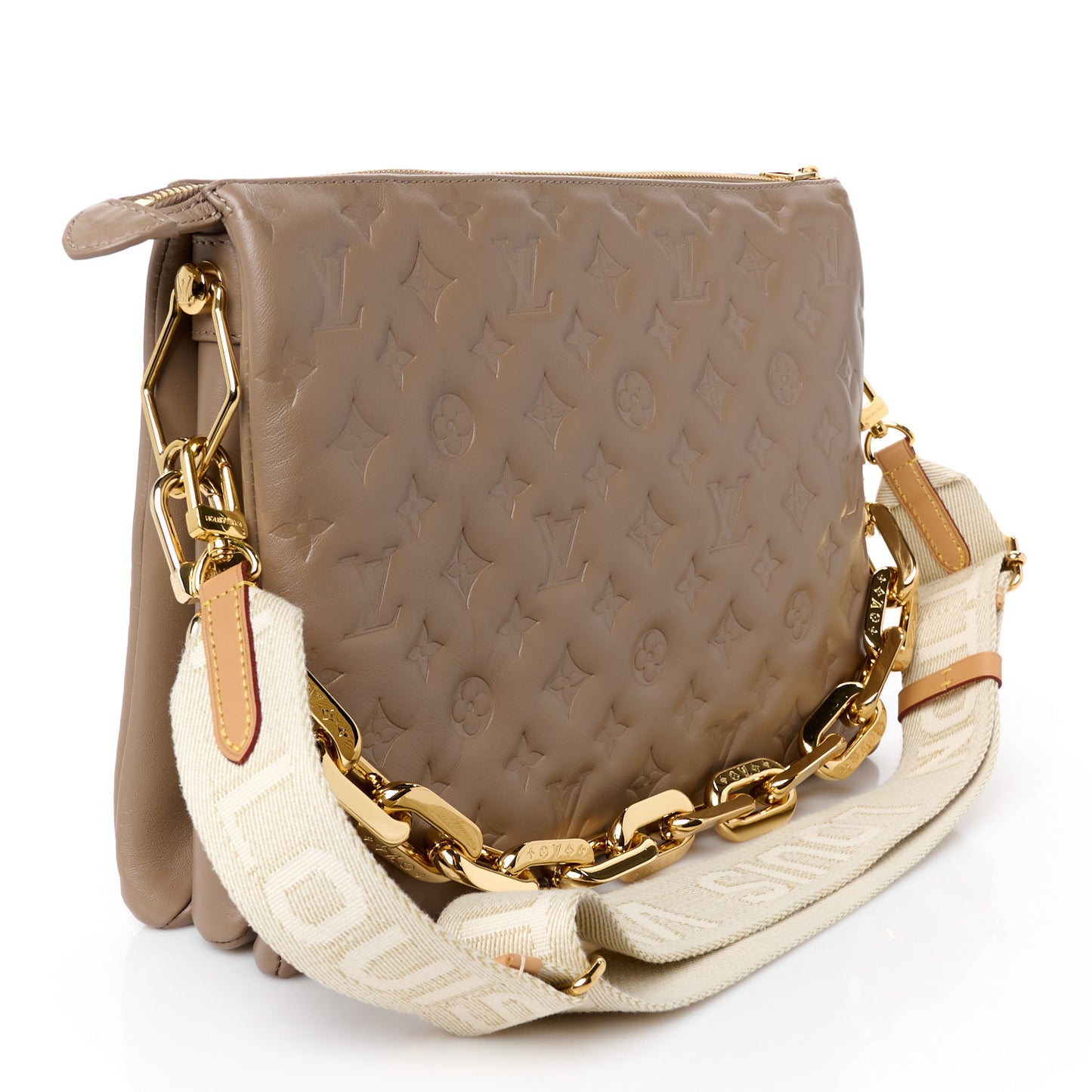 Lambskin Embossed Monogram Coussin MM Taupe