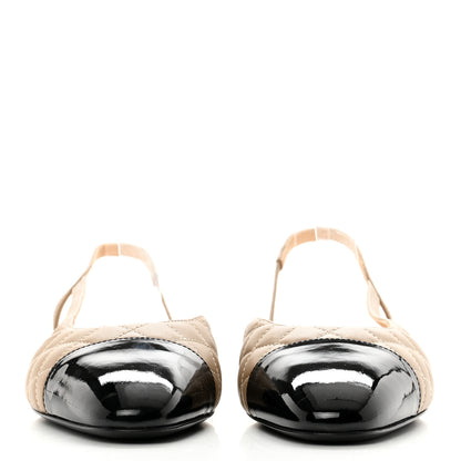 Chanel Lambskin Patent Cap Toe CC Slingback Flats 39 Beige Black 2 of 8