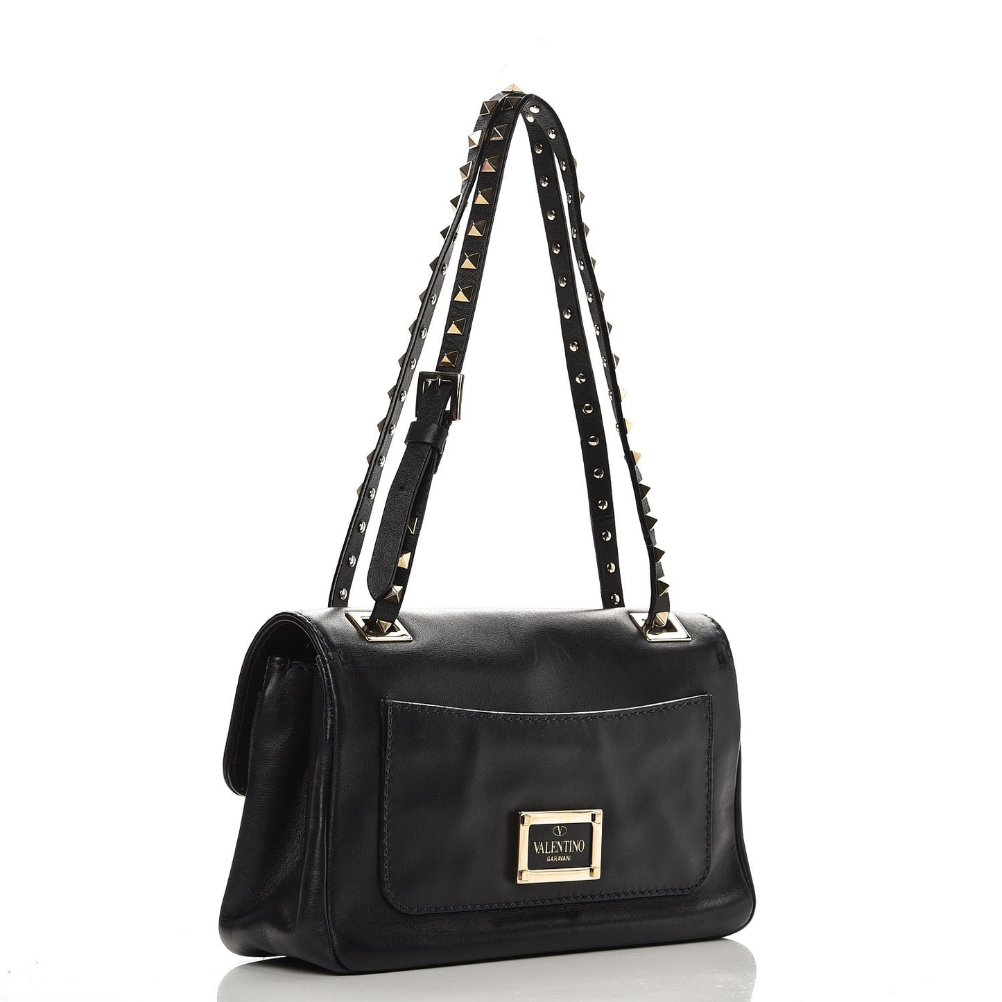 Vitello Rockstud Flip Lock Shoulder Flap Bag Black