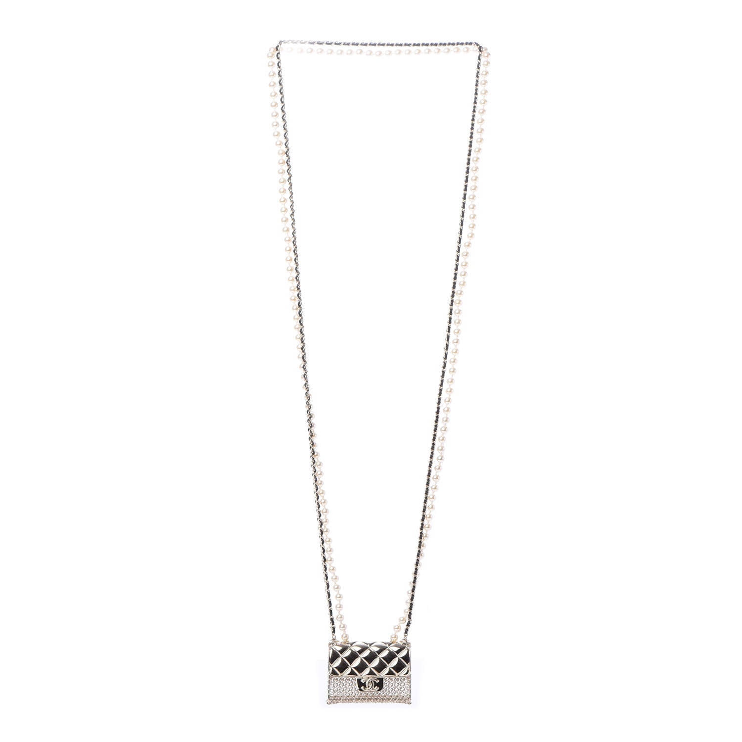 Chanel Metal Lambskin Pearl Chain Flap Bag Long Necklace Gold Black Pearly White 3 of 4