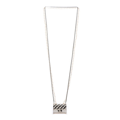 Chanel Metal Lambskin Pearl Chain Flap Bag Long Necklace Gold Black Pearly White 3 of 4