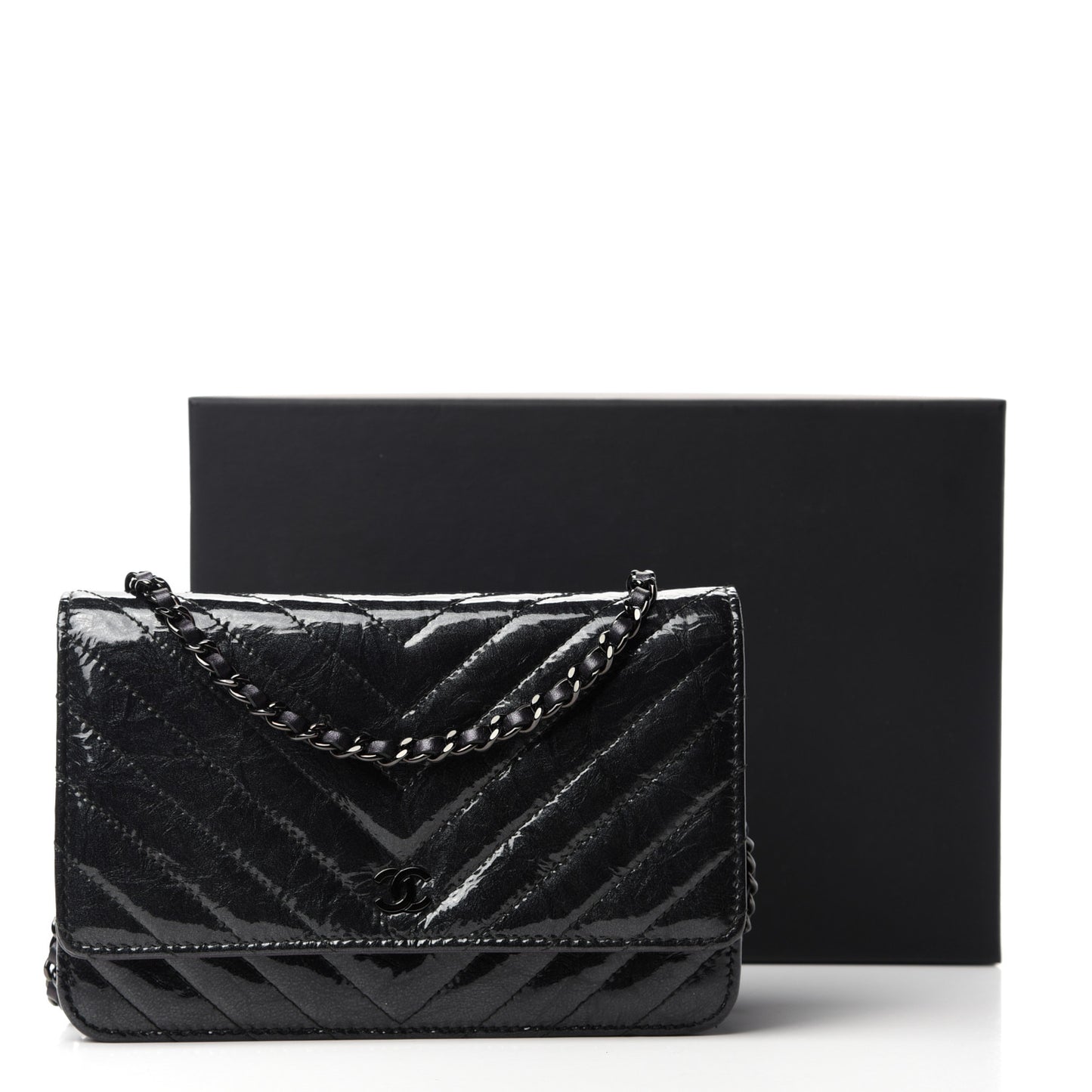 Patent Metallic Crumpled Calfskin Chevron Quilted Wallet On Chain WOC Black