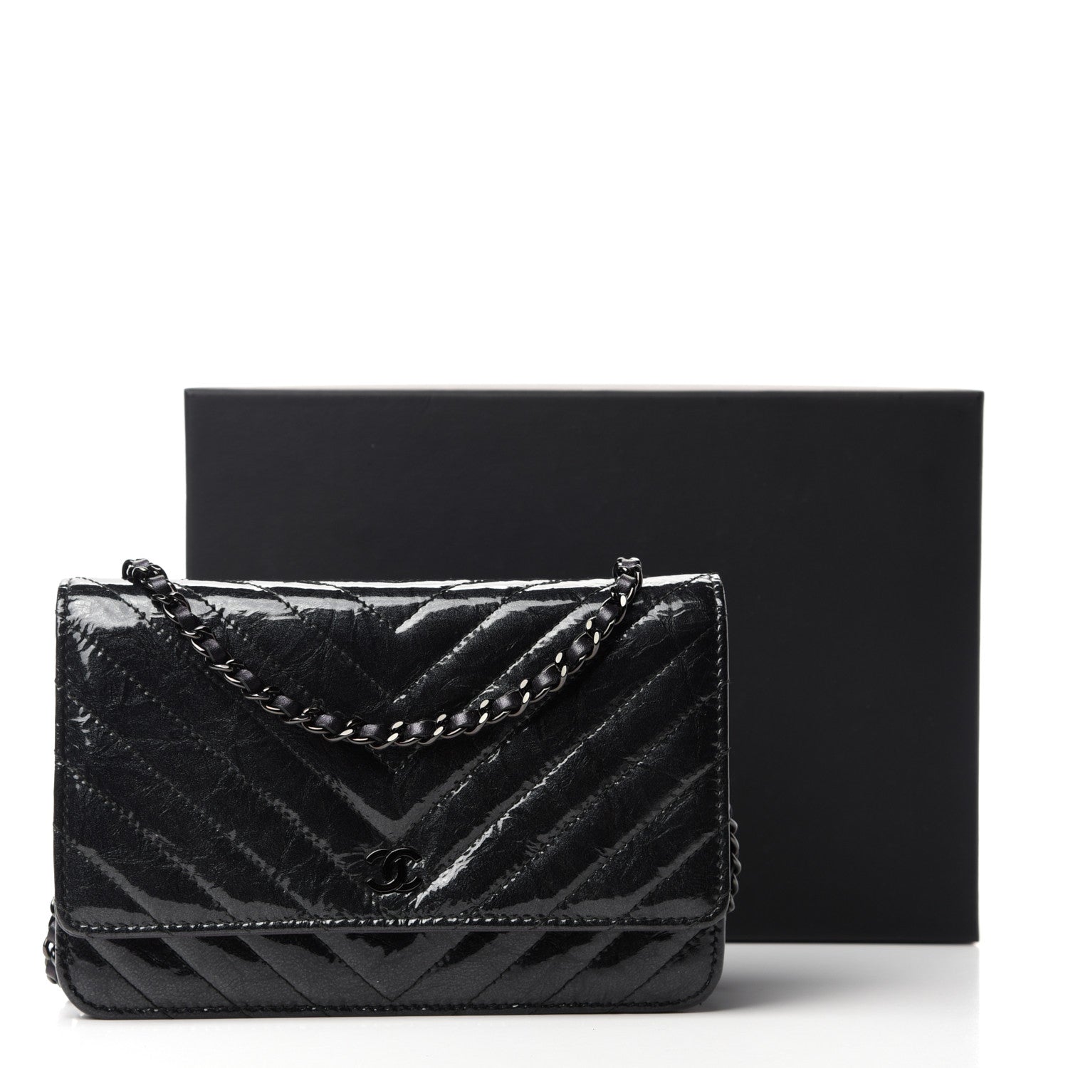 Chanel Patent Metallic Crumpled Calfskin Chevron Quilted Wallet On Chain WOC Black 14 of 14
