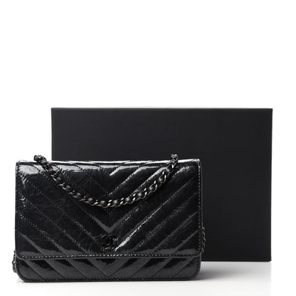 Chanel Patent Metallic Crumpled Calfskin Chevron Quilted Wallet On Chain WOC Black 14 of 14