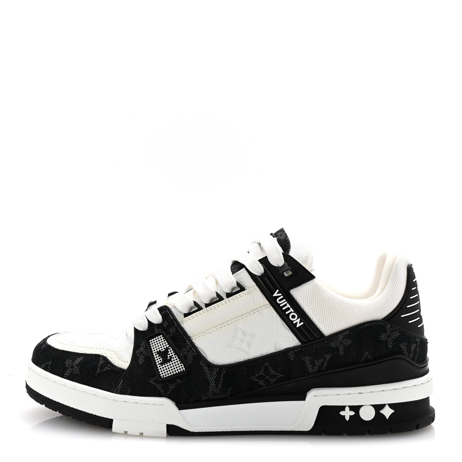 Louis Vuitton Calfskin Embossed Monogram Denim Mens LV Trainer Sneakers 9 Black 1 of 10