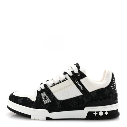 Louis Vuitton Calfskin Embossed Monogram Denim Mens LV Trainer Sneakers 9 Black 1 of 10