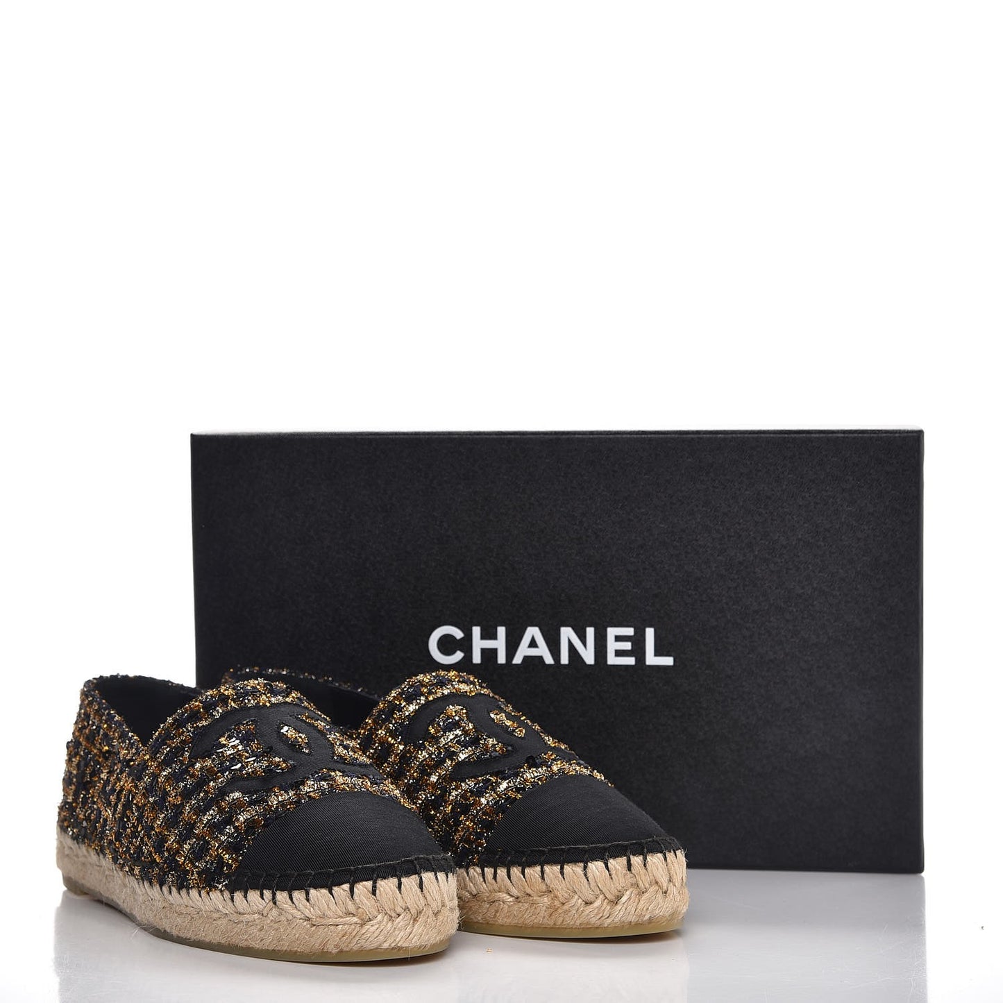 Metallic Tweed Sequin Grosgrain CC Espadrilles 37 Black Gold