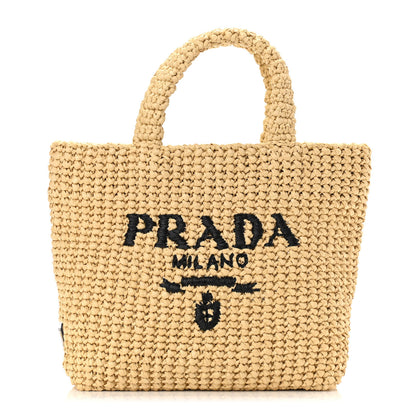 Prada Yarn Raffia Effect Crochet Embroidered Small Logo Tote Naturale 1 of 9