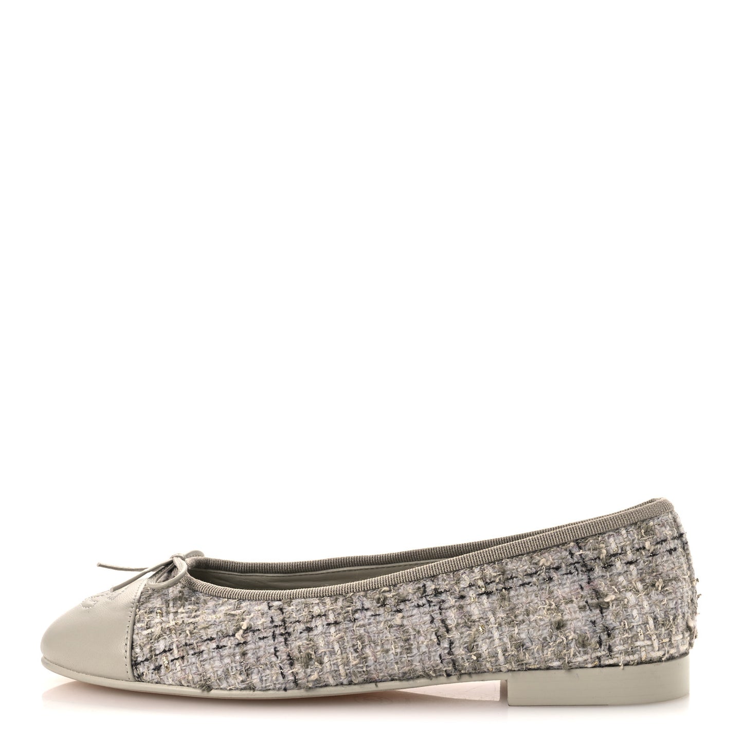 Wool Cotton Tweed Lambskin Cap Toe Ballerina Flats 37 Gray Black Gold