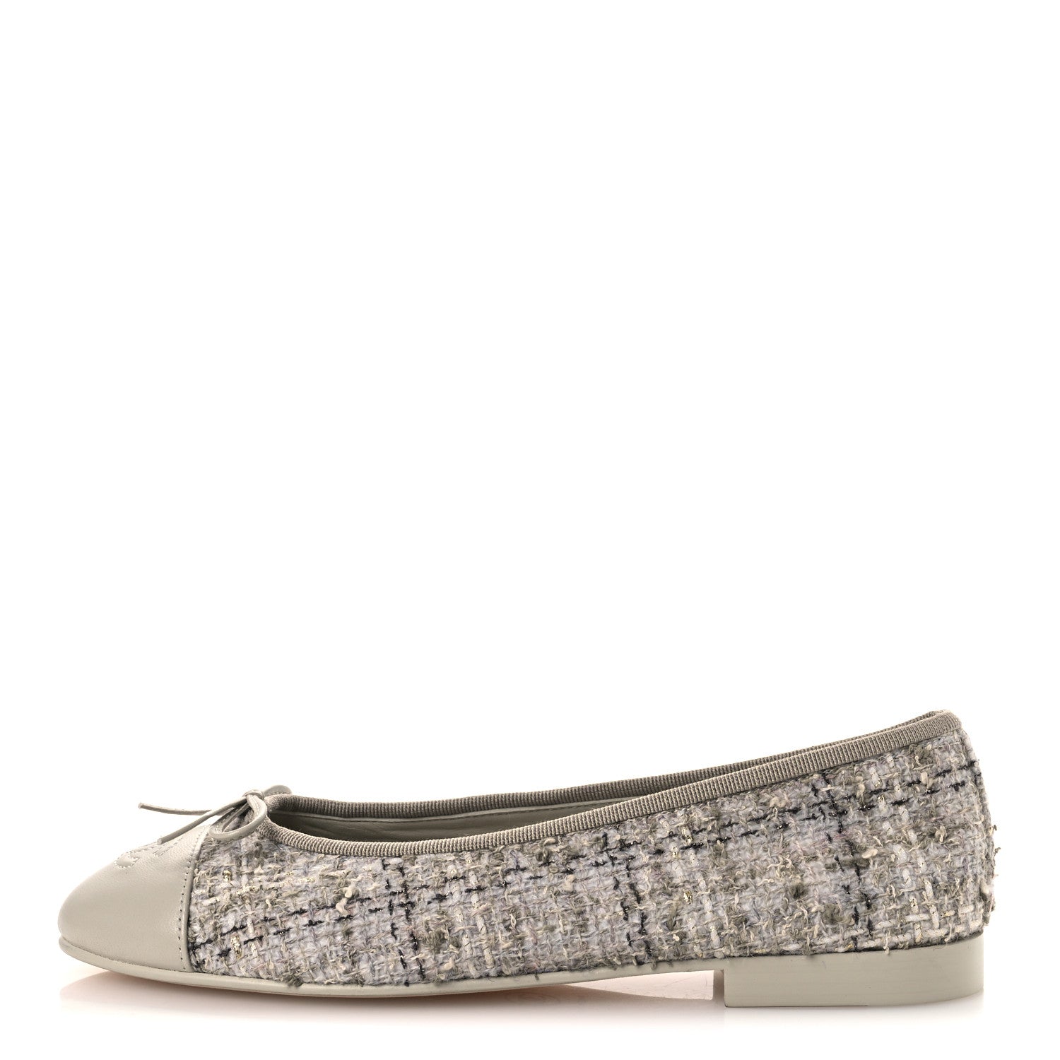Chanel Wool Cotton Tweed Lambskin Cap Toe Ballerina Flats 37 Gray Black Gold 1 of 11
