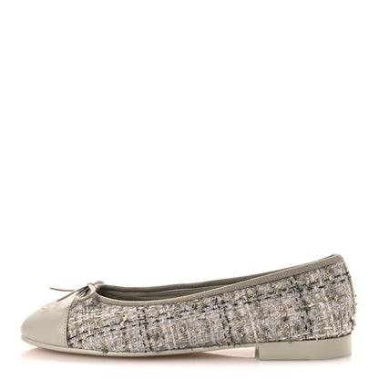 Chanel Wool Cotton Tweed Lambskin Cap Toe Ballerina Flats 37 Gray Black Gold 1 of 11