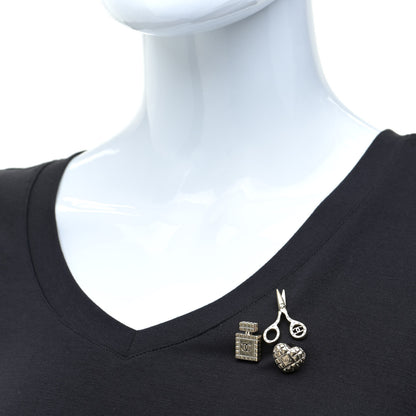 Chanel Metal Strass Crystal Quilted CC Heart Scissors Perfume Brooch Set Gold 3 of 6