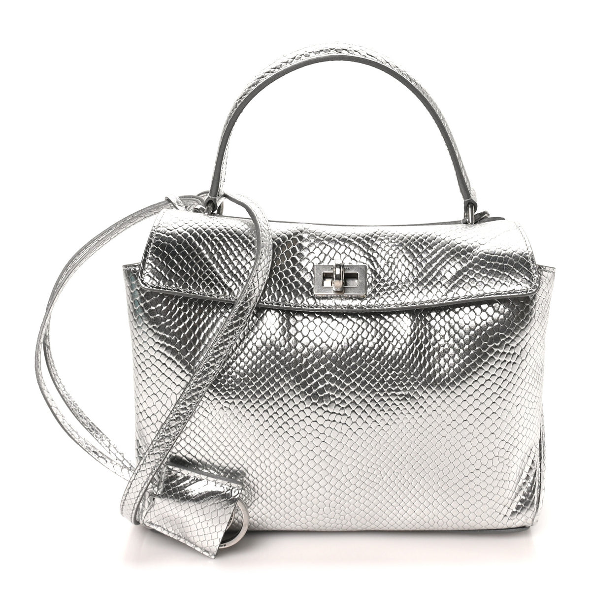 Metallic Calfskin Snakeskin Embossed Mini Rodeo Top Handle Handbag Silver