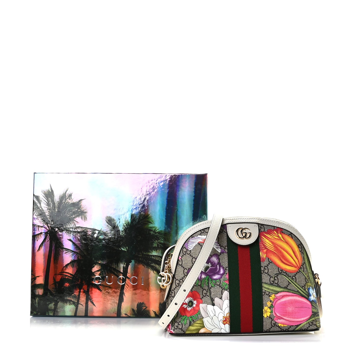 GG Supreme Monogram Flora Web GG Small Ophidia Dome Shoulder Bag White