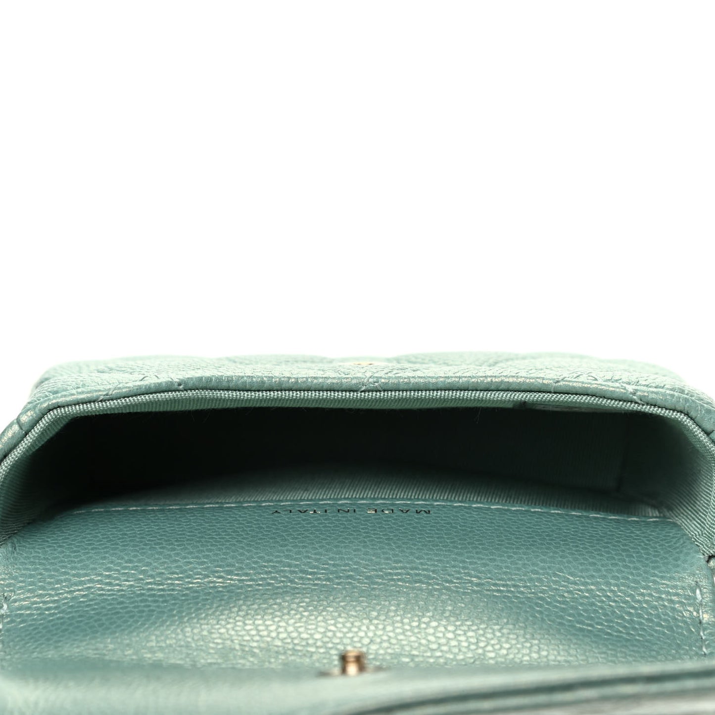 Iridescent Caviar Quilted Pearl On Top Coin Purse With Chain Light Green