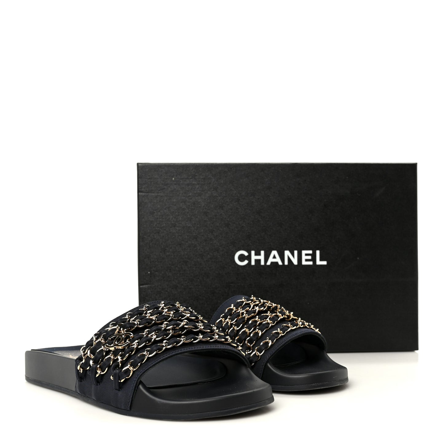 Satin Canvas Chain Slides Sandals Flats 39 Marine
