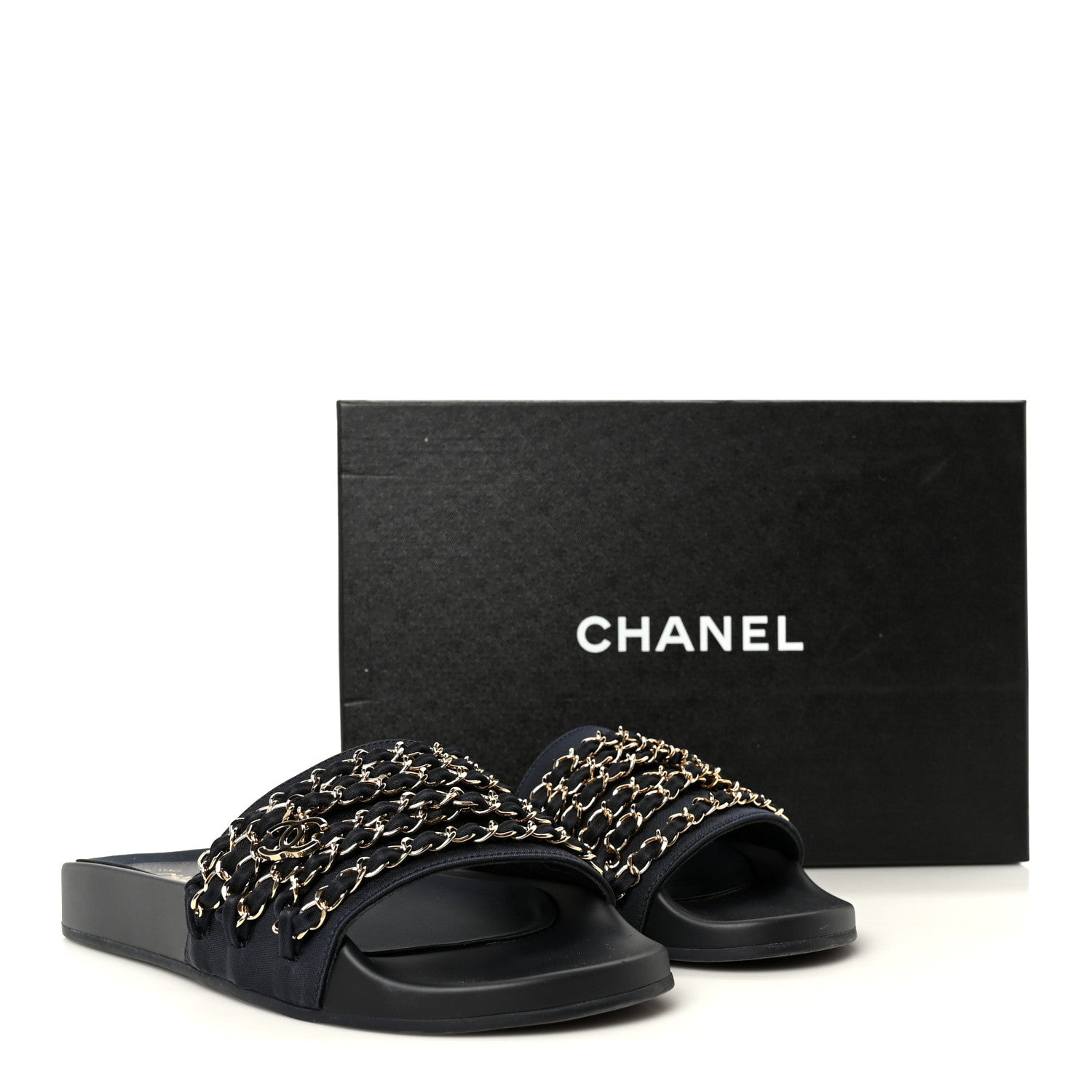 Chanel Satin Canvas Chain Slides Sandals Flats 39 Marine 10 of 10