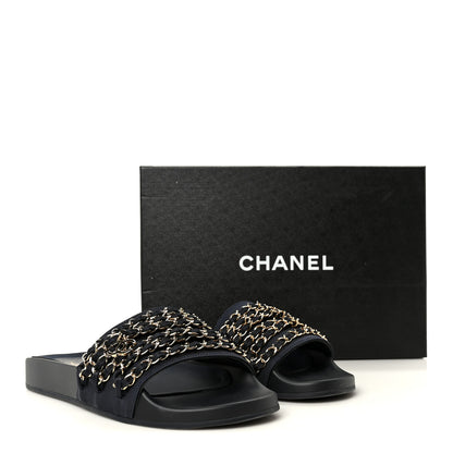 Chanel Satin Canvas Chain Slides Sandals Flats 39 Marine 10 of 10