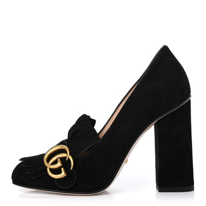 Gucci Kid Scamosciato GG Marmont Fringe 105mm Loafer Pumps 36 Black 1 of 10