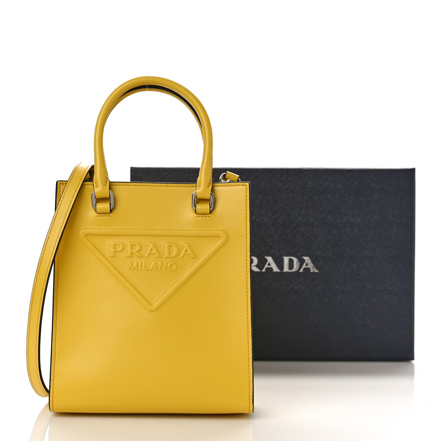 Soft Calfskin Triangle Logo Embossed Small Double Handle Crossbody Tote Sole