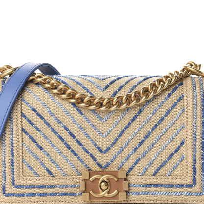 Chanel Cotton Canvas Calfskin Chevron Embroidered Medium Boy Flap Beige Blue 4 of 10