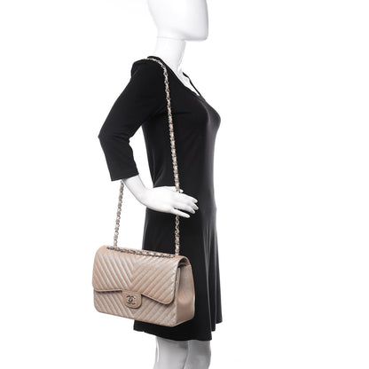 Chanel Metallic Caviar Chevron Quilted Jumbo Double Flap Light Gold 2 of 11