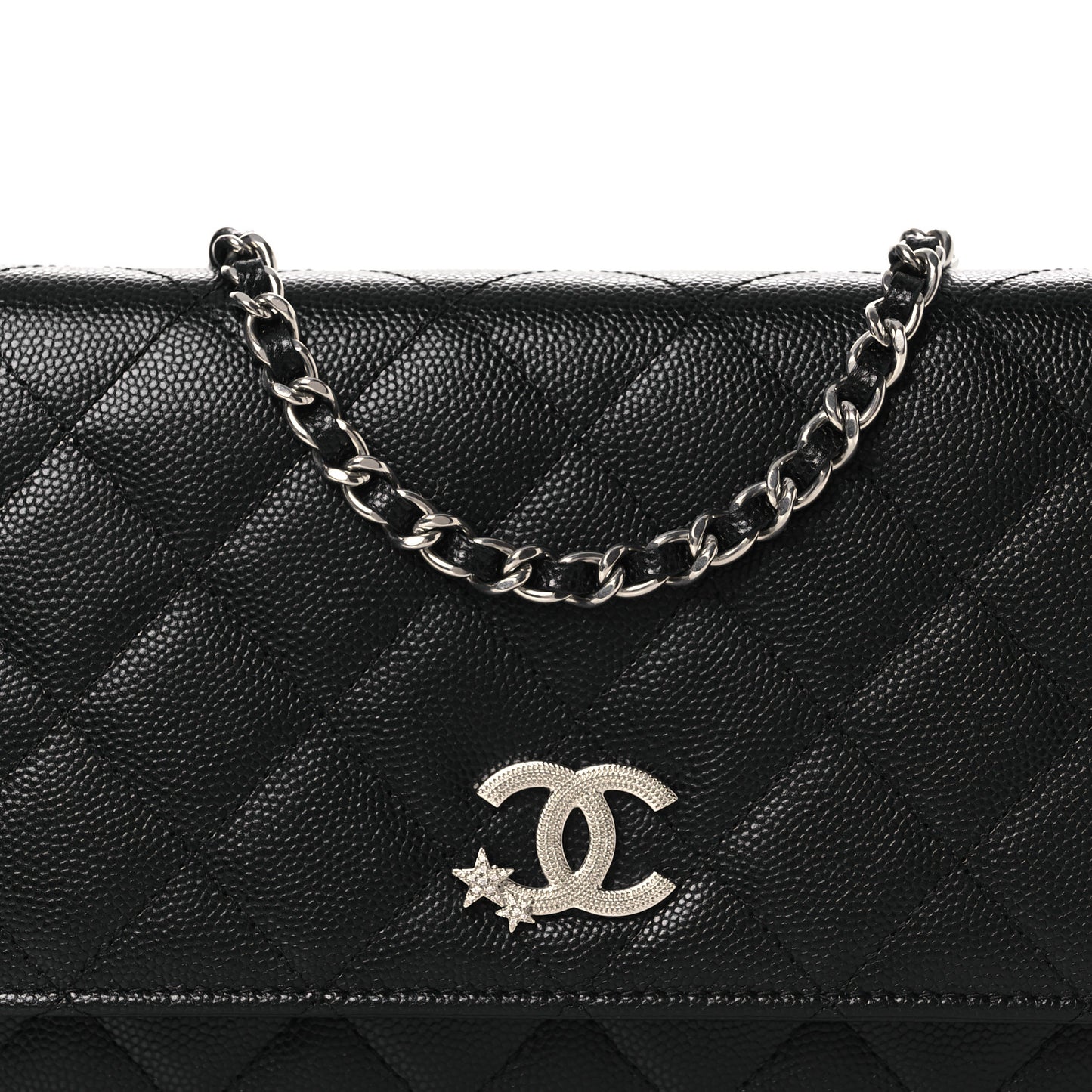 Caviar Quilted Crystal Star Wallet On Chain Black