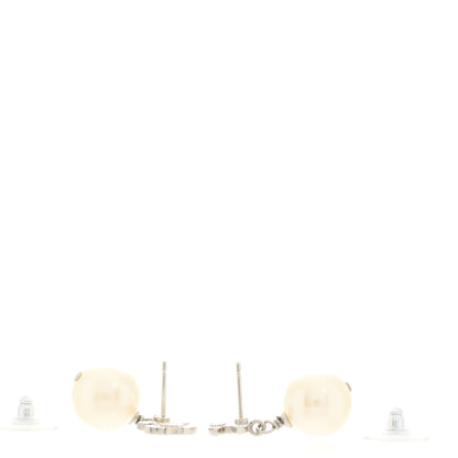 Chanel Crystal Pearl CC Drop Earrings Silver Pearly White 3 of 5