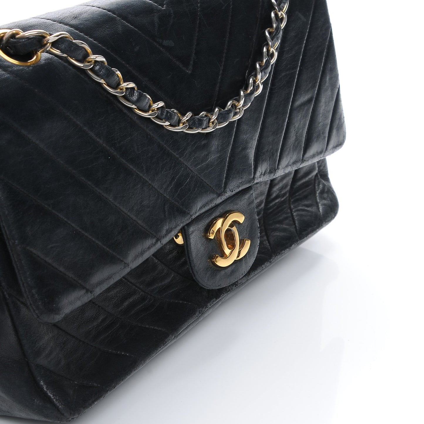 Lambskin Chevron Quilted Medium Double Flap Black