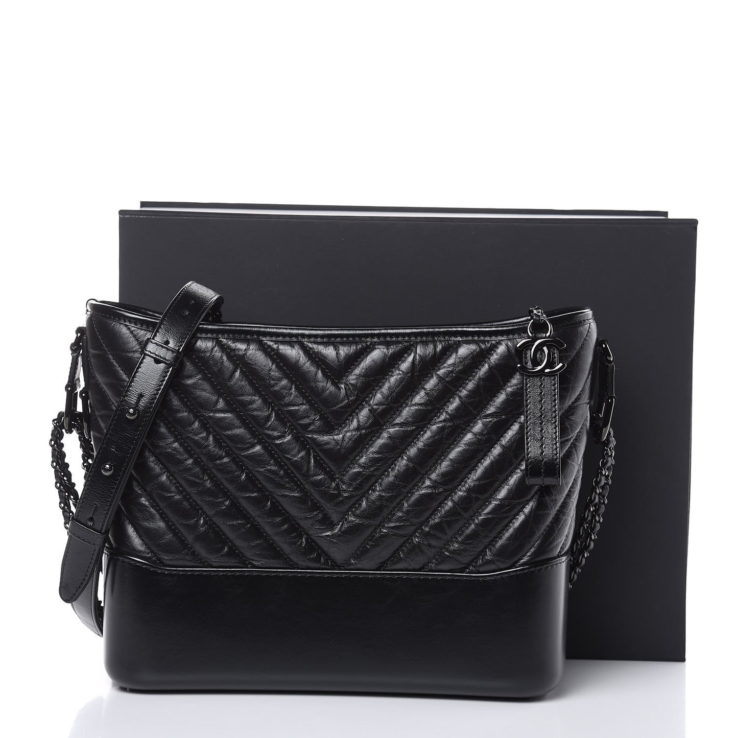 Aged Calfskin Chevron Quilted Medium Gabrielle Hobo Black