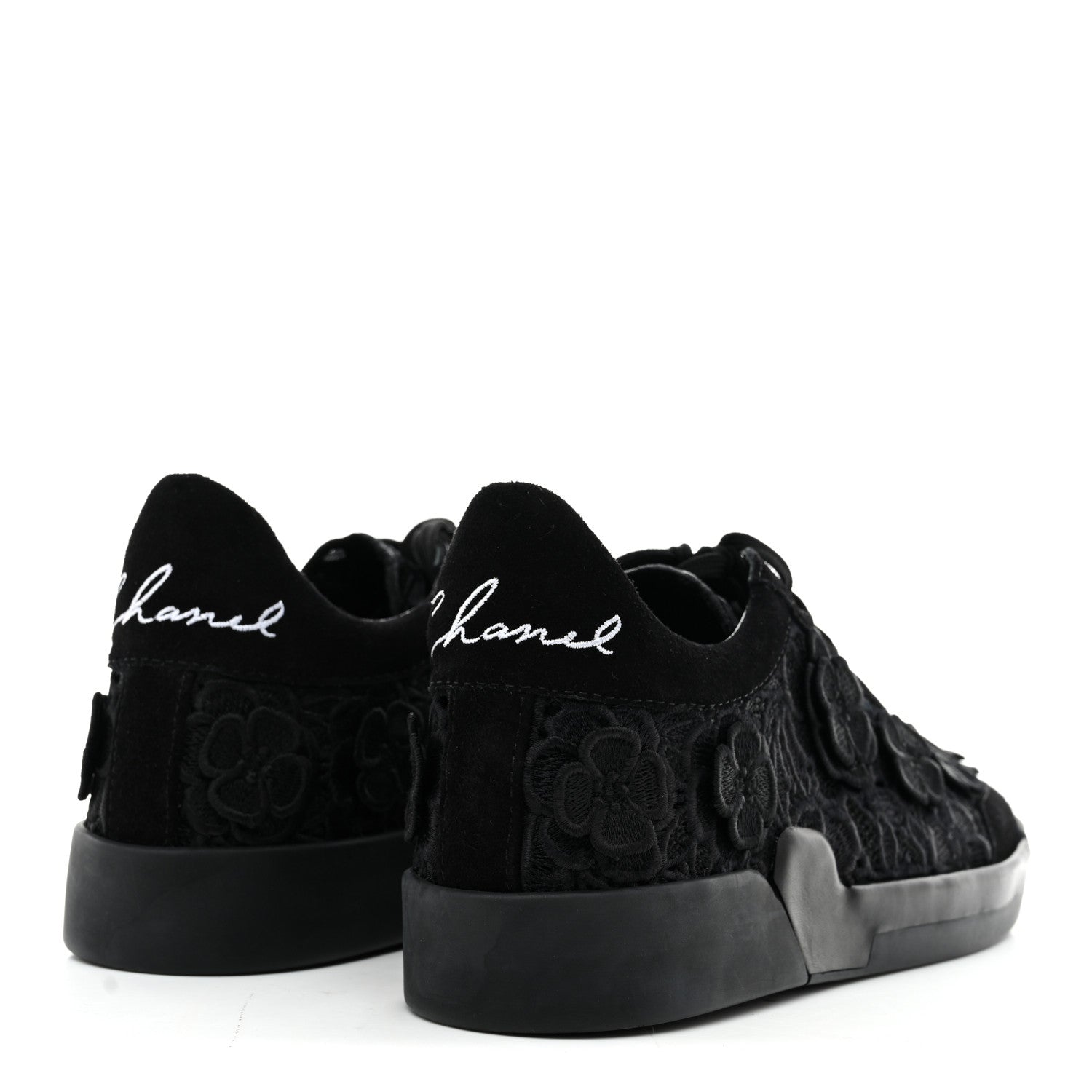 Chanel Suede Embroidered Flower Sneakers 39 Black 5 of 9