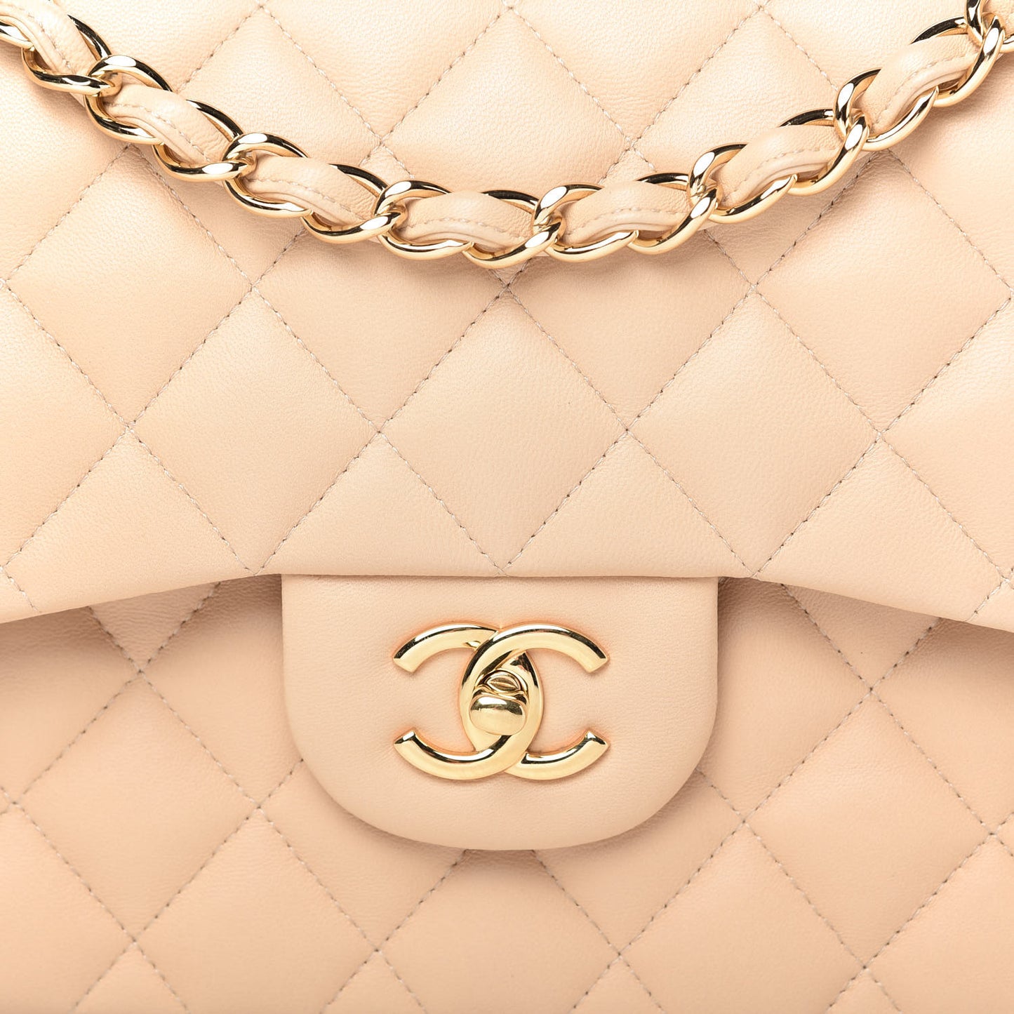 Lambskin Quilted Jumbo Double Flap Beige