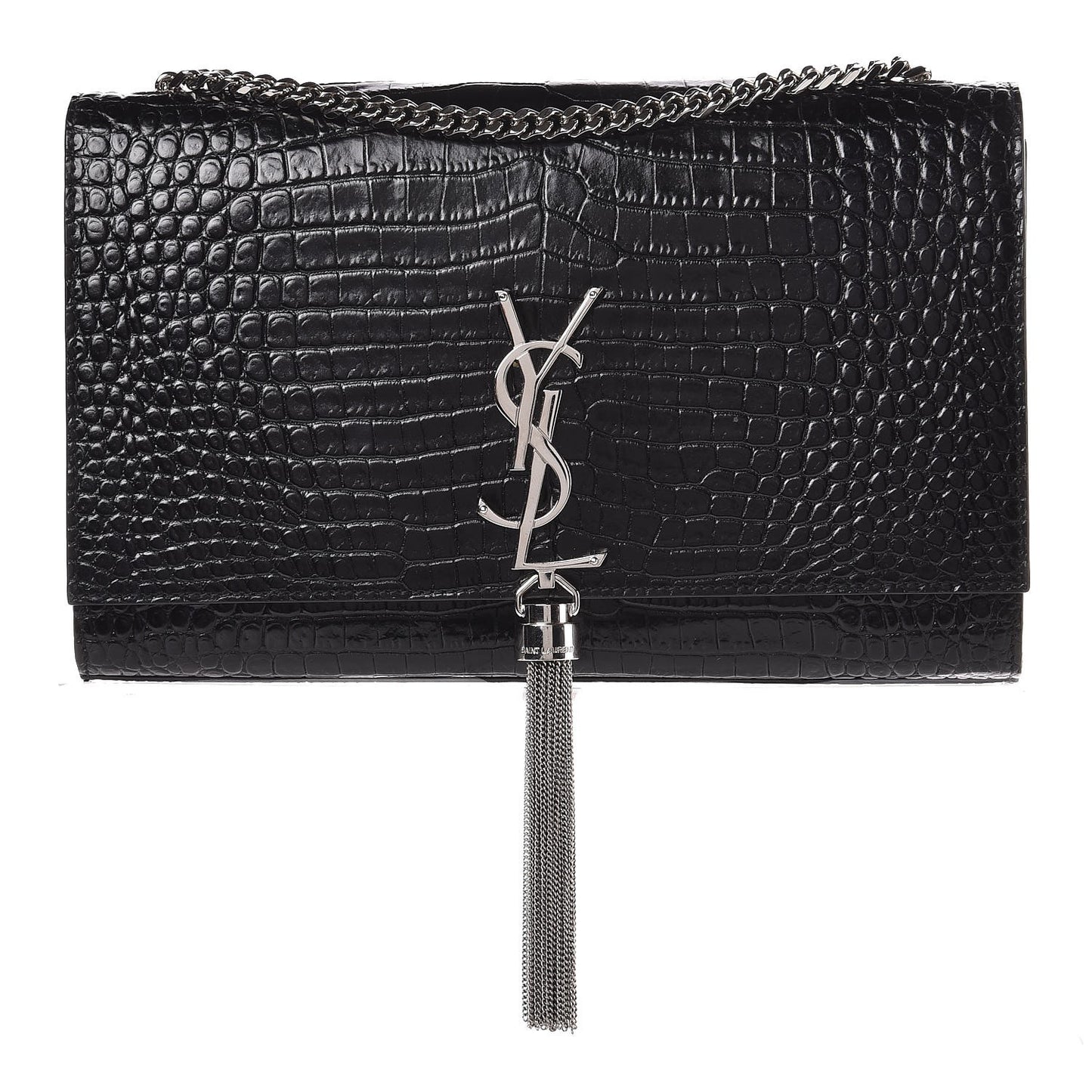 Calfskin Crocodile Embossed Medium Classic Monogram Kate Tassel Satchel Black