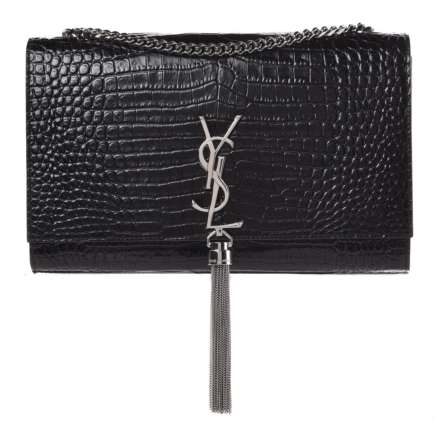 Saint Laurent Calfskin Crocodile Embossed Medium Classic Monogram Kate Tassel Satchel Black 1 of 6