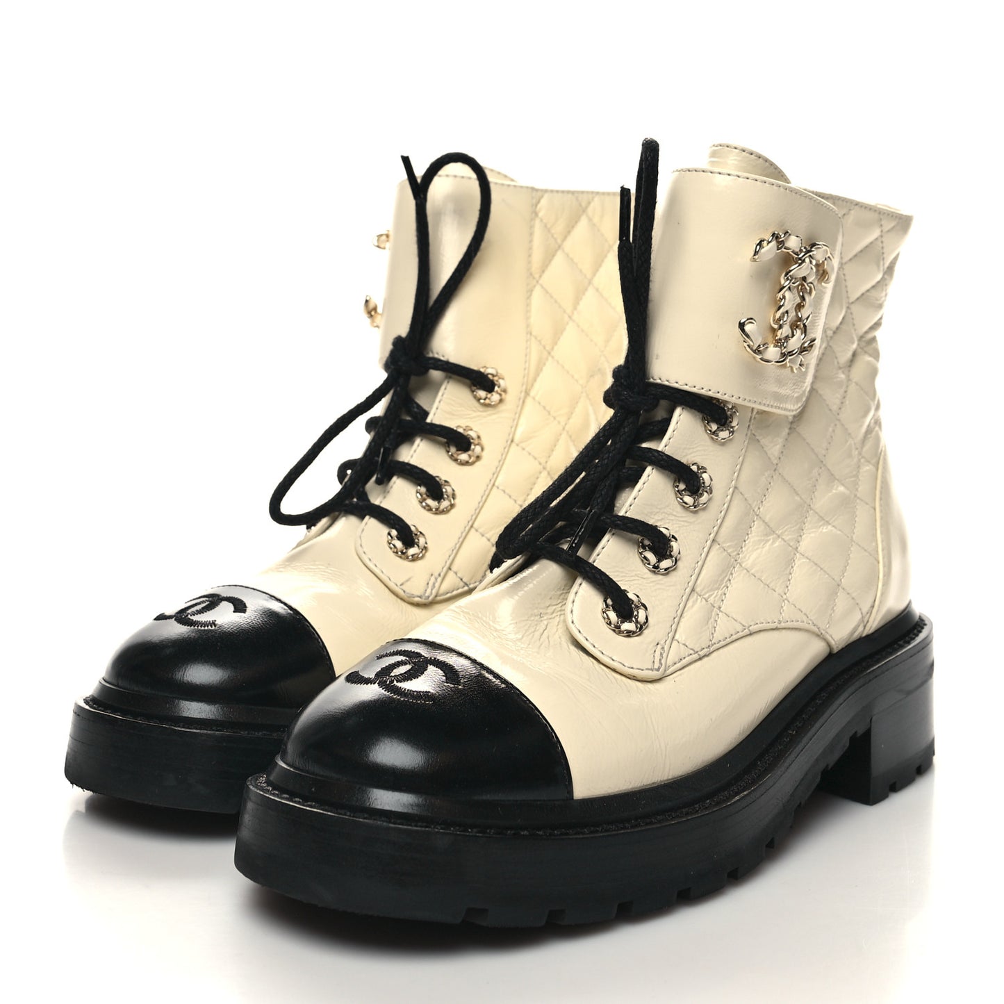Shiny Calfskin Quilted Lace Up Combat Boots 37.5 Ivory Black