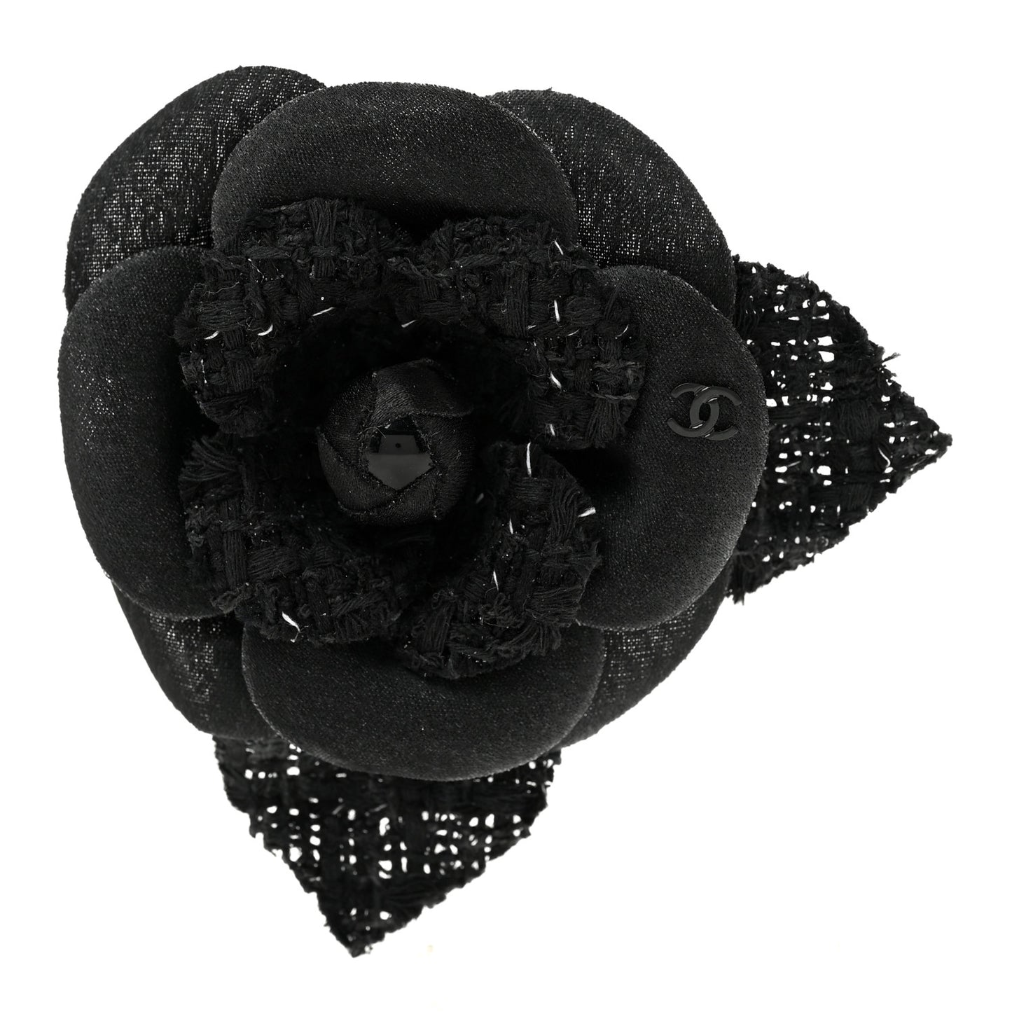 Tweed Camellia Pin Brooch Black