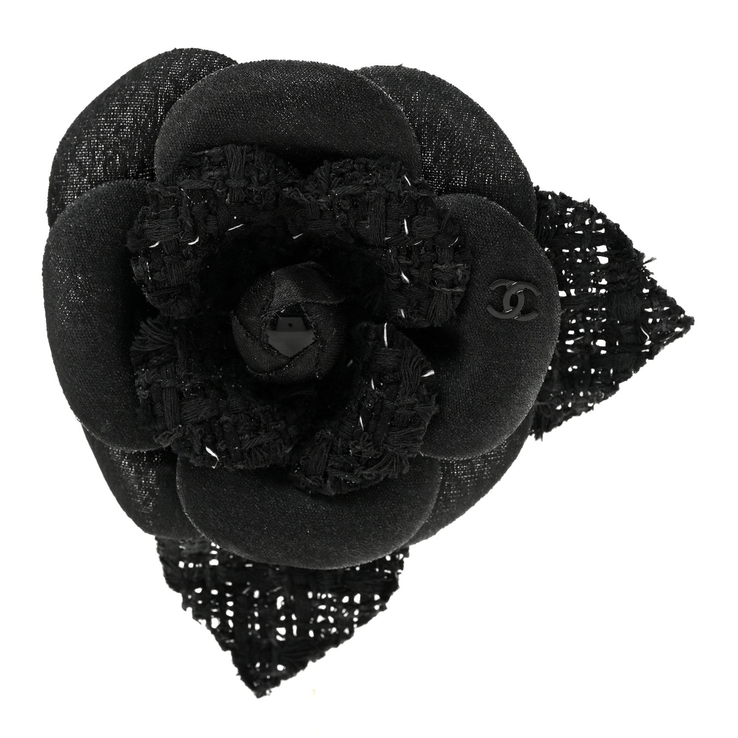 Chanel Tweed Camellia Pin Brooch Black 1 of 4