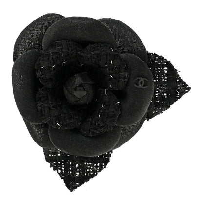 Chanel Tweed Camellia Pin Brooch Black 1 of 4